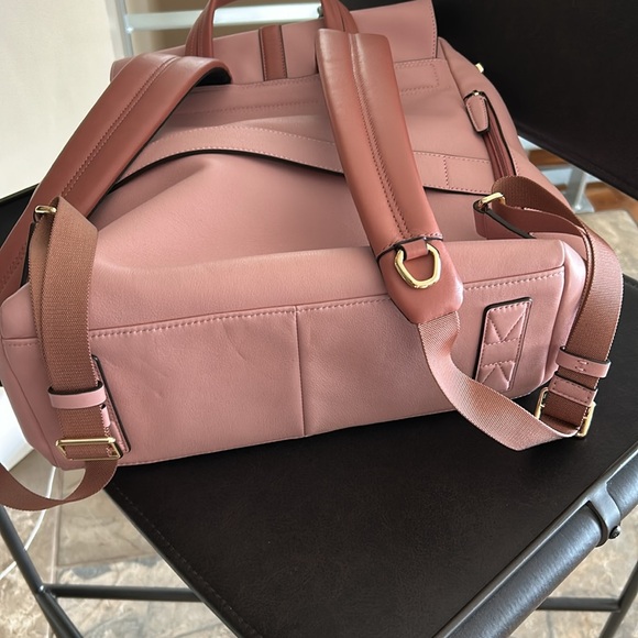 NWOT TUMI Pink and Brown Leather Backpack with Gold Clasp - Picture 11 of 12